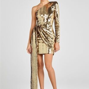 NADINE MERABI Gold One-Shoulder Sequin Dress
